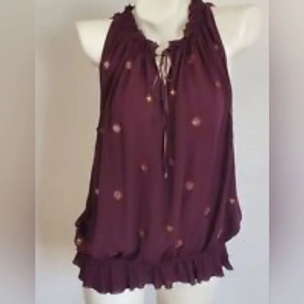 Express S Purple Slvless 100% SILK Beaded Elastic Waistband Women's Top Blouse